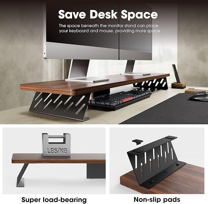 Fenge Dual Monitor Stand Riser, 42.5 Inch Desk Top Shelf for 2 Monitors, Computer Stands for Desk, Wood & Steel Desktop Riser for Laptop, PC, Printer