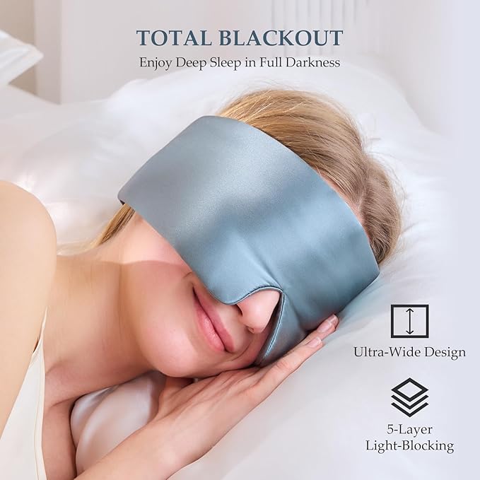 100% Mulberry Silk Sleep Mask, Large Size Travel Eye Masks for Side Sleepers, Adjustable Sleeping Mask for Women and Men, 100% Blackout Eye Mask for Sleeping Light Blue