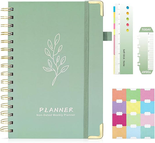 Ospelelf Planner Undated Mini Daily Spiral Binding Weekly Monthly Hardcover Planners with Stickers 12 Months Productivity Aesthetic Journey Booklet Size Green Leaf