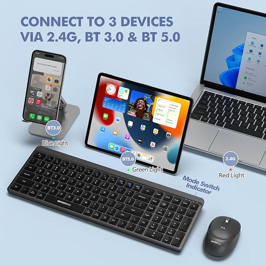 Wireless Keyboard and Mouse Combo for Desktop Mac iPad Bluetooth 2.4 Ghz Rechargeable Silent Click with Number Pad Black Compatible with Pc, Laptop, Tablet (Black)