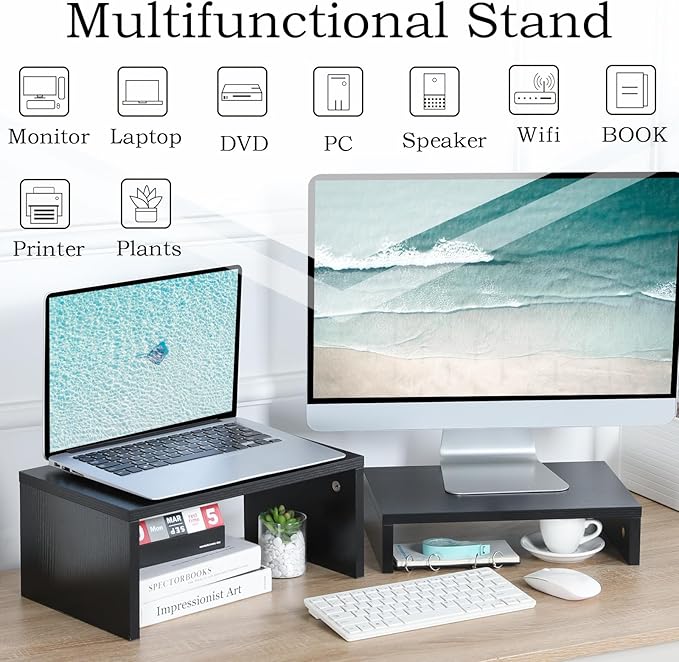 TEAMIX 2 Pack Black Monitor Stand Riser, Wood 2 Tier Adjustable Stand for 2 Monitors/Laptop/PC