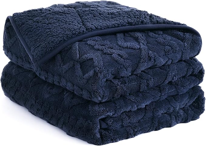 Topblan Weighted Blanket Twin Size 15 Pounds, Soft Weighted Blanket with Doubled-Sized Shaggy Sherpa, Jacquard Knitted Stylish Weighted Throw Blanket for Better Sleep, Navy Blue, 48 x 72 inches