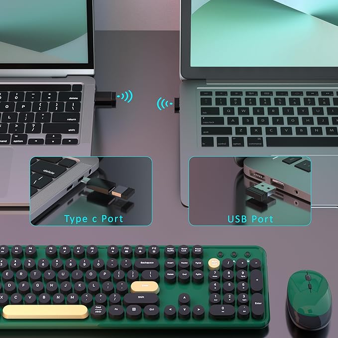 Colorful Wireless Computer Keyboards Mouse Combos, Cute Retro Typewriter Keyboard with Round Keycaps, 2.4 GHz 104 Keys Full-Sized USB/Type C Receiver Keyboard and Optical Mouse（Dark Green）