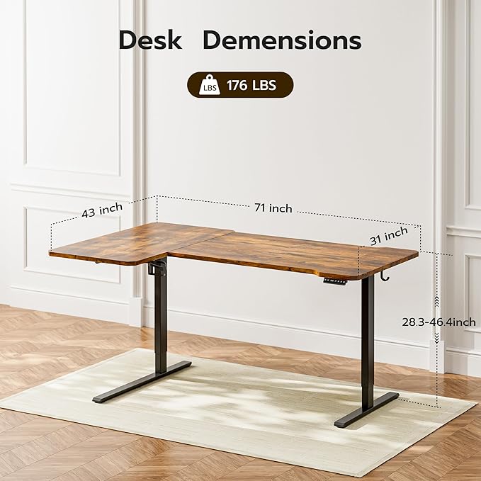71 Inch L Shaped Standing Desk Adjustable Height, Electric Corner Standing Desk, Sit Stand Computer Table with Reversiable Splice Board, Rustic Brown