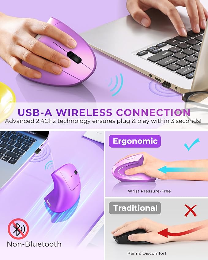Lekvey Ergonomic Mouse, Wireless Vertical Mouse Rechargeable 2.4 GHz Optical Carpal Tunnel Mice : 800/1200 / 1600 DPI, 6 Buttons, for Laptop, PC, Computer, Desktop, Notebook etc, Purple