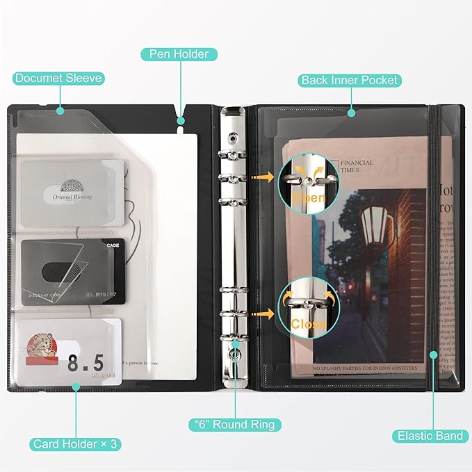 CAGIE A5 Binder 6 Ring Notebook with Dividers Refillable Planner Binder with Pockets, Refill Paper Include Planning Square Ruled and Dotted Pages, 6.89 x 9.25 In, (Grey, A5 Daily&Dot Page)