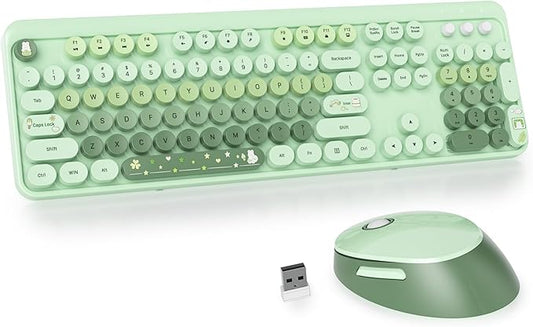 GTSP Typewriter Colorful Green Wireless Keyboard and Mouse Combo, 2.4GHz Full-Size Retro Cute Office Computer Keyboard with Round Keycaps for Desktop Laptop and PC (Colorful Green)