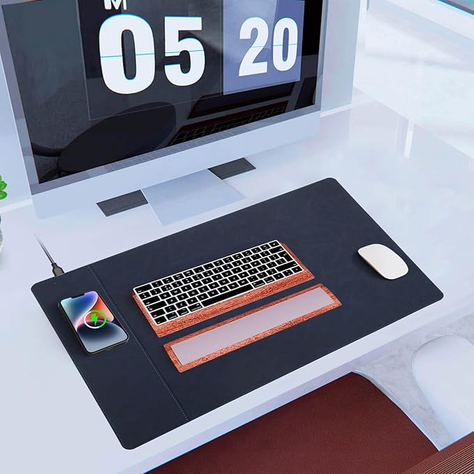 Magnetic Wireless Charging Desk Mat, 23.4''x15.6'' Large Office Mouse Pad, Microfiber Leather Mouse Mat with Ultra-Smooth Surface, Waterproof Computer Keyboard Desk Mat for Office & Home, Laptop, Blue