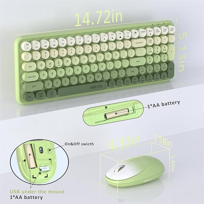 Wireless Keyboards and Mouse Combos, UBOTIE Colorful Gradient Rainbow Colored Retro Typewriter Flexible Keyboard, 2.4GHz Connection and Optical Mouse(Green Gradient)