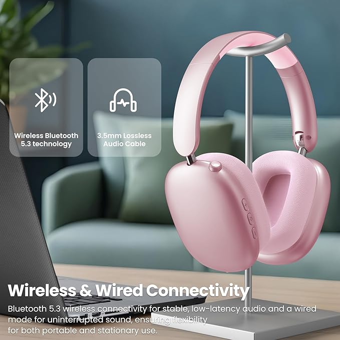 Y01 Wireless Over Ear Headphones, Noise Canceling Bluetooth 5.3 Headphones with Microphones,Hi-Res Audio,48H Playtime,Foldable,Breathable Soft Earpads for iOS/Android/Samsung/PC-Pink