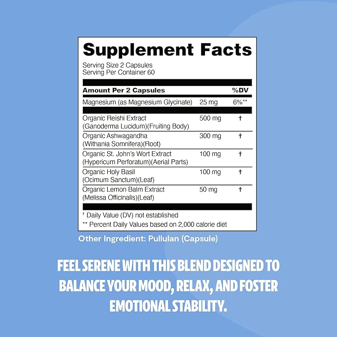 FreshCap Calm for Adults - Calm w/Reishi, Ashwagandha, St. John’s Wort, Lemon Balm, Magnesium - Balance, Relaxation & Emotional Stability -Ayurveda Daily Mushroom Supplement, Vegan - 60 Count