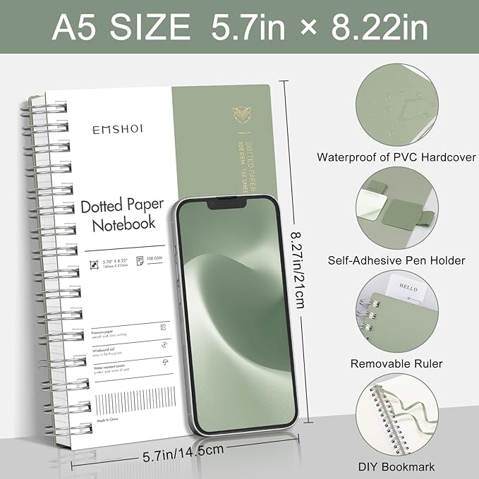 EMSHOI A5 Spiral Dotted Notebook, 300 Pages of 100gsm Thick Dot Grid Paper, Waterproof Softcover Journal for Women Men School, Work & Writing, Bullet Journaling | 5.7" x 8.22" Light Green