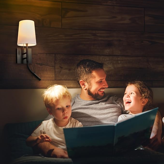 Globe Electric 1-Light Plug-in or Hardwired Wall Sconce with Reading Light, USB-A Port, USB-C Port, LED Integrated Reading Light, Matte Black, White Fabric Shade, On-Off Pull Chain and Rocker Switch