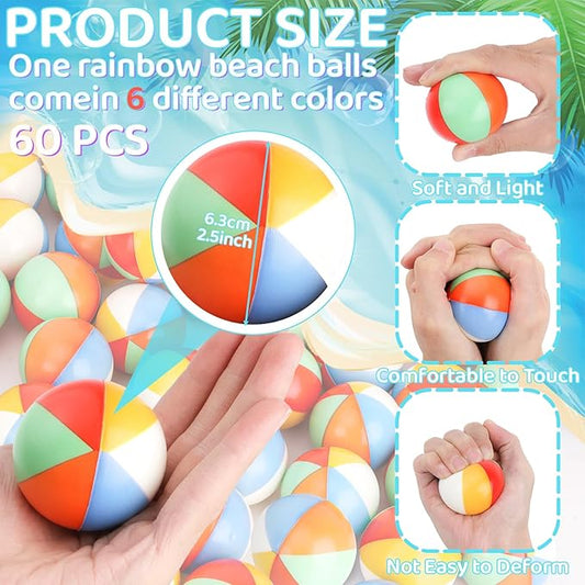 60 Pcs Beach Stress Balls Bulk 2.5" Mini Relief Stress Ball Pu Foam Squeezy Balls Summer Swimming Pool Game Toy Rainbow Beach Ball for Hawaiian Beach Birthday Party Favor School Carnival Reward