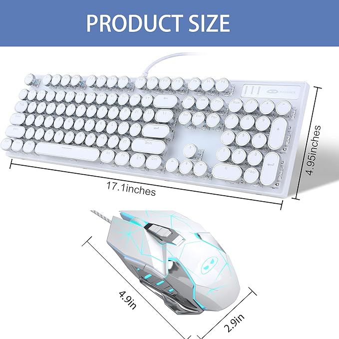 Retro Typewriter Keyboard and Mouse Combo, Cute White Keyboard with Linear Red Switches, Full Size Wired Mechanical Gaming Keyboard, Cool Light Up Keyboard and Mouse for Gaming,Work,Mac,PC,Windows