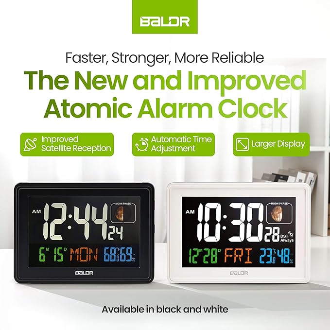 BALDR Atomic Clocks for Bedrooms Digital Large Display - White - Desk Clock with Temperature Indoor and Humidity, Night Stand Clock, Moon Phase Clock, Alarm Clocks for Living Room, Digital Clock Wall