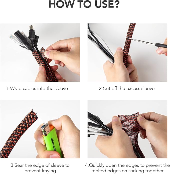 AGPTEK Cable Sleeve Cover, 10ft - 1.2 inch Desk Cord Organizer Cable Hider, Home Office Wire Management Computer TV Wire Loom Tubing, Pet Proof Cord Protector, from Cat Dog Chewing, BlackRed