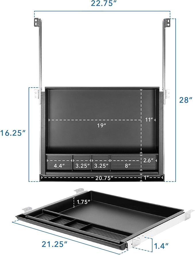 MOUNT-IT! Large Under Desk Pencil Drawer | 21.25” Width | Ball Bearing Slides Out Tray Organizer for Paper, Pencil, and Office Accessories (BLACK)