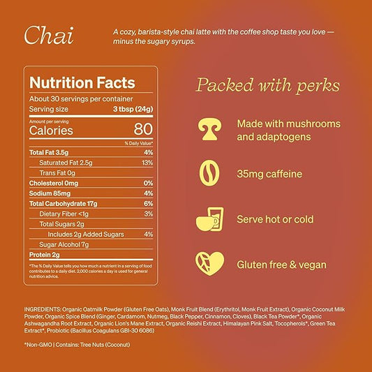 Clevr Blends Chai Tea Latte, Instant Superfood Powder Blend with Oat Milk, Lions Mane, Reishi Mushroom, Black Tea, Organic Spices, Coconut Cream, Ashwagandha, Oprah’s Favorite Things 2022, (30 Lattes)
