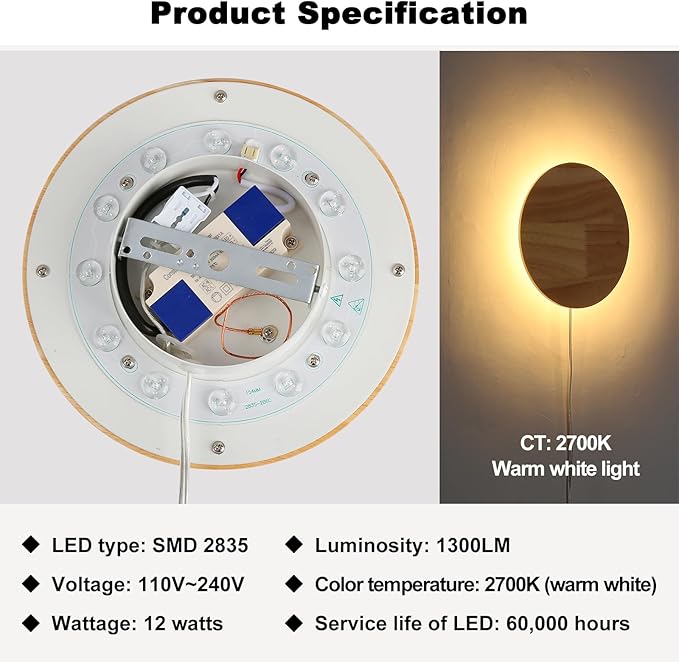 Modern Minimalist Plug in Wall Sconces, Plug-in Or Cordless 7.9'' Round Wood Backlight LED Wall Lamp, 12W, 1300LM Warm White Brightness Wall Light Fixtures for Bedroom, Living Room Wall Décor