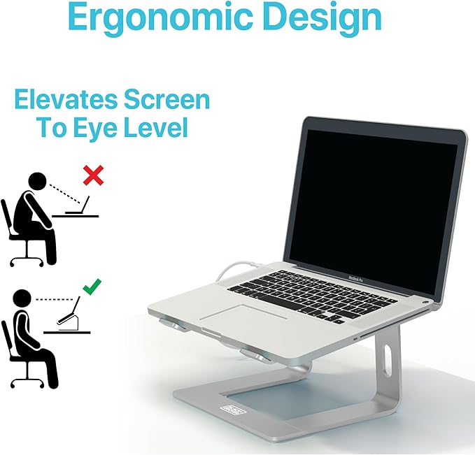 BLACK+DECKER Laptop Stand for Computer Desk, Ergonomic Laptop Stand for Desk, Lap top Riser Compatible with MacBook Notebook, Lap top Holder, Durable Aluminum Computer Riser Accessories, Silver