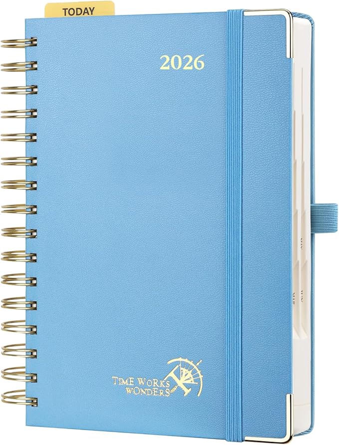 POPRUN 2026 Daily Planner One Page A Day - [8.5" x 5.75" Wire-Bound Hard Cover] Agenda 2026 Hourly Appointment Book with Monthly Calendar, Inner Pocket, Ivory Paper - Haze Blue