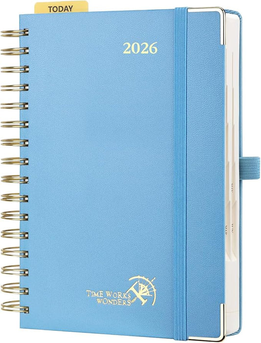 POPRUN 2026 Daily Planner One Page A Day - [8.5" x 5.75" Wire-Bound Hard Cover] Agenda 2026 Hourly Appointment Book with Monthly Calendar, Inner Pocket, Ivory Paper - Haze Blue