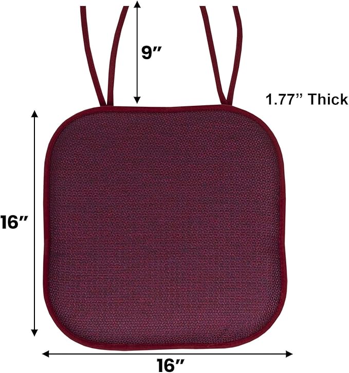 Sweet Home Collection Chair Cushion Memory Foam Pads with Ties Honeycomb Pattern Slip Non Skid Rubber Back Rounded Square 16" x 16" Seat Cover, 4 Pack, Cameron Wine