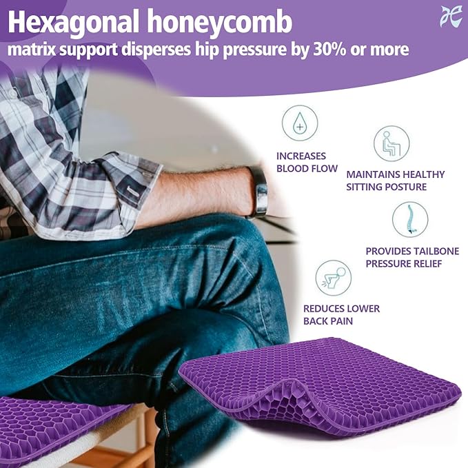 Purple Gel Seat Cushion, 19.7" Extra Large Double Thick Chair Cushions for Office Chair, Wheelchair, Car Seat, Couch, Stadium Seat Cushion for Tailbone Pain Relief, Cooling & Breathable Seat Cushions