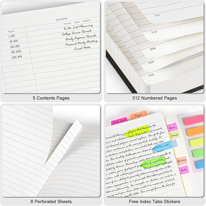 5 Pack College Ruled Notebook, 312 Numbered Pages Thick Notebooks Bulk, 100gsm No Bleed Paper Hardcover Leather Journal, Lined Journal Notebook Set for Women Men School Office, A5, Green