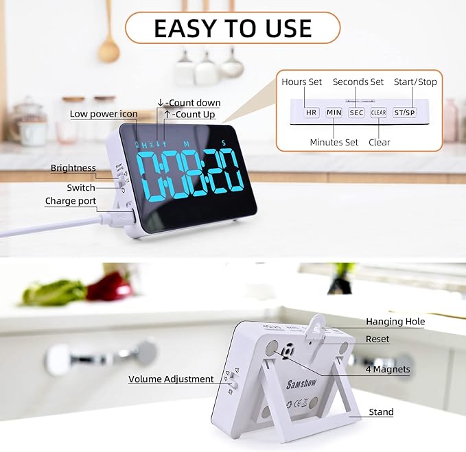 Rechargeable Digital Kitchen Timer for Cooking, Magnetic Timers with Countdown/up, Kids Timer with 5”LED Display 3 Brightness 4 Volume Adjustable for Classroom/Office/Home/Work/Fitness/Game（Blue）