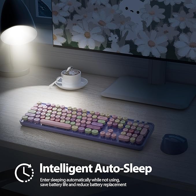 Fogruaden Purple Keyboard and Mouse Wireless, Retro Typewriter Keyboard, 2.4GHz 104 Keys Full Size Cute Keyboard with Number Pad, Purple Colorful Keyboard with Round Keycap for Windows PC Laptop