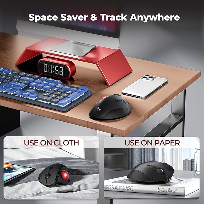 seenda Wireless Trackball Mouse Ergonomic - Bluetooth Rollerball Mouse Rechargeable, Multi Devices Connection Thumb Control Mice Compatible for Mac/Android/Windows Computers - Black&Red