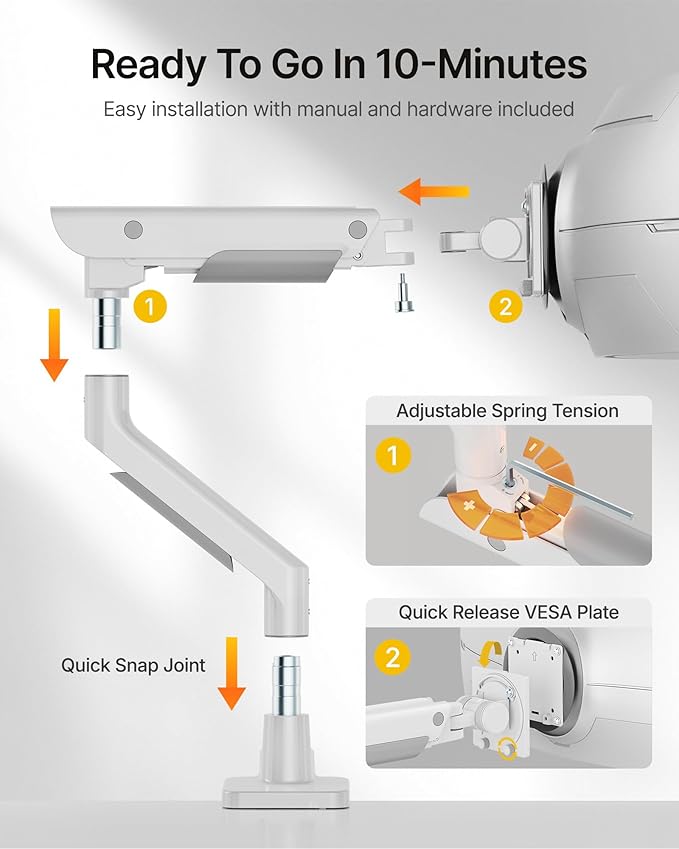 monTEK Sleek Aluminum Monitor Arm for 17–57” Ultrawide Screens up to 59 lbs, Heavy Duty Single Monitor Arm Desk Mount, Pneumatic Lift, Quick-Release Plate, Clamp/Grommet, Max VESA 100x100