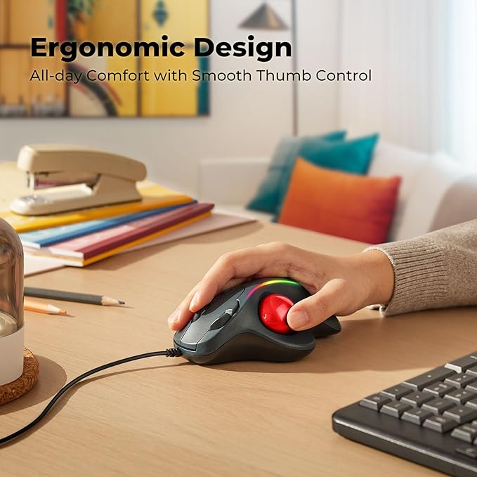 Wired Trackball Mouse with RGB Lighting, Ergonomic Thumb Control to Reduce Muscle Strain, 5 Adjustable DPI, Dual USB-C & USB-A Connectivity, Compatible with PC, Laptop, Mac, Windows-Red