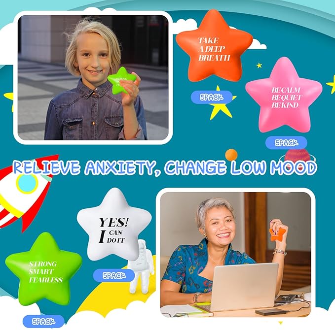 Kasyat 20 Pcs Star Stress Balls - 2.16" Motivational Squeeze Toys for Adults, Teens, Students & Party Favors
