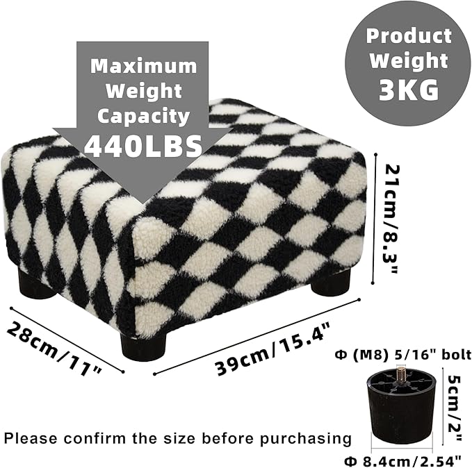 CAROLMADE Small Foot Stool Ottoman Sherpa Footstool with Legs Under Desk Footrest for Living Room Bedroom and Office, Soft Black+White