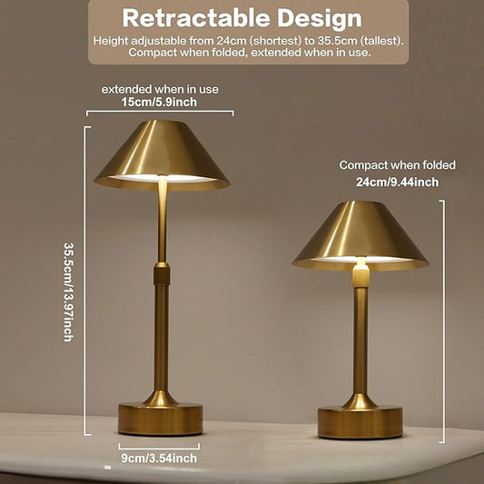 Cordless Table Lamp - Rechargeable Night Light with 2000mAh Battery, Touch Control, Dimmable White/Warm/Neutral Light, Adjustable Height, USB Charging, Ambient LED Bedside Lamp (Gold)