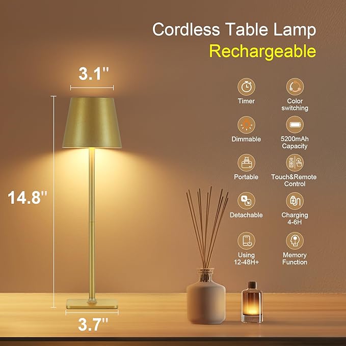 Rechargeable Cordless Table Lamp with Remote 2 Pack, 5200mAh Battery Operated Desk Lamp with Timer, 3-Color Stepless Dimming Wireless Desk Lamp, Portable Table Lamp for Bedroom Restaurant (Gold)