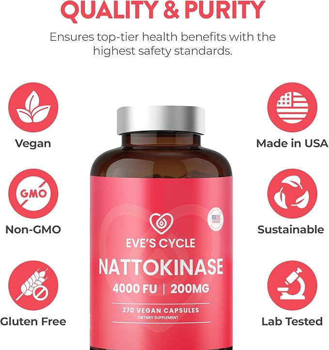 Eve's Cycle Nattokinase Supplement 4000 FU - 270 Vegan Natto Capsules - Premium Japanese Enzyme, Natural Blood Thinner, Organic, No Stearates, Non-GMO, Made in USA