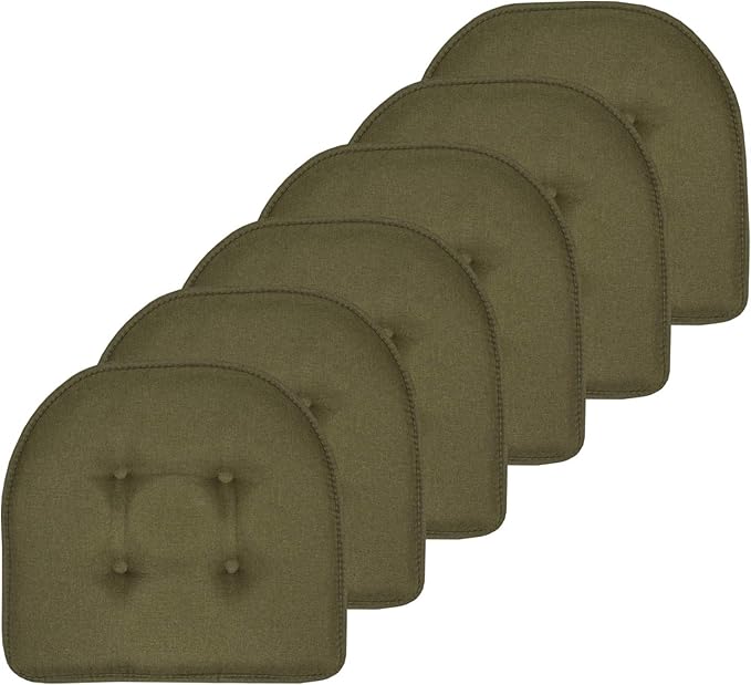 Sweet Home Collection Chair Cushion Memory Foam Pads Tufted Slip Non Skid Rubber Back U-Shaped 17" x 16" Seat Cover, Army Green 6 Count