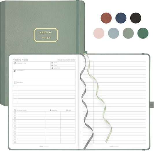 EMSHOI Meeting Notebook for Work with Action Items - 320 Pages B5 Thick Project Planner Agenda Organizer Work Notebook for Women Men Office Business, PU Leather Hardcover, 7.5" x 10", Green