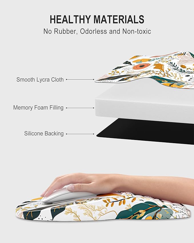 Auhoahsil Ergonomic Mouse Pad with Wrist Rest, Slope Computer Mouse Mat with Wrist Support, Memory Foam Filling, Non-Slip Silicone Base, Pain Relief, for Gaming & Work, 8 x 12 in, White Flowers