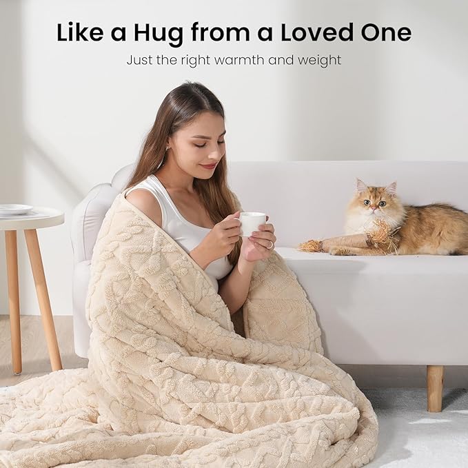 Weighted Blanket Full Size, Adult Weighted Blankets 15lbs with Doubled-Sized Shaggy Sherpa, Soft Plush Jacquard Bed Blanket for Sleep Natural and Relaxing, Ceramic Beads, Beige, 48 * 72 15lbs