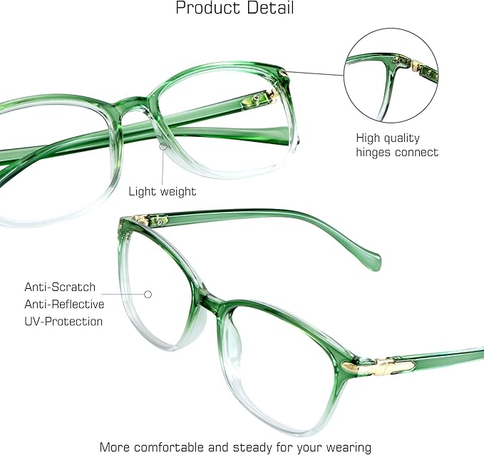 VisionGlobal Blue Light Blocking Glasses for Women, Anti Eyestrain, Computer Reading, TV Glasses, Stylish Square Frame, Anti Glare(Clear Green,+5.25 Magnification)