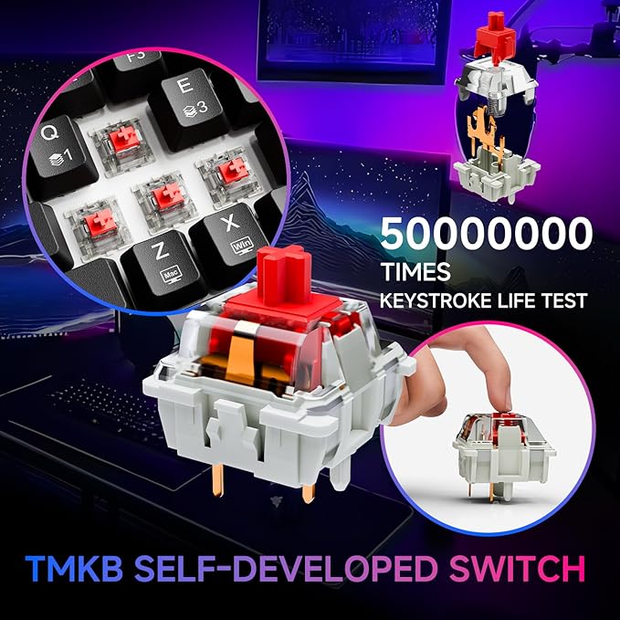 TMKB T63 Gaming Keyboard, 60% Wireless Mechanical Keyboard with Bluetooth/2.4G/Type-C, Compact 63 Keys Anti-Ghosting, RGB Backlight, Linear Red Switch - Black