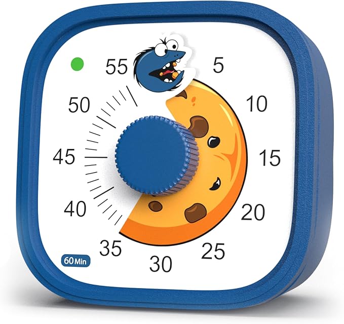 Visual Timer for Kids – Cookie Monster Clock - Silent Time Management – 60 Minute Countdown – Focus and Productivity Tool – for Classroom, Toddlers, Study, Toothbrush – Fun Design – Adjustable Alarms