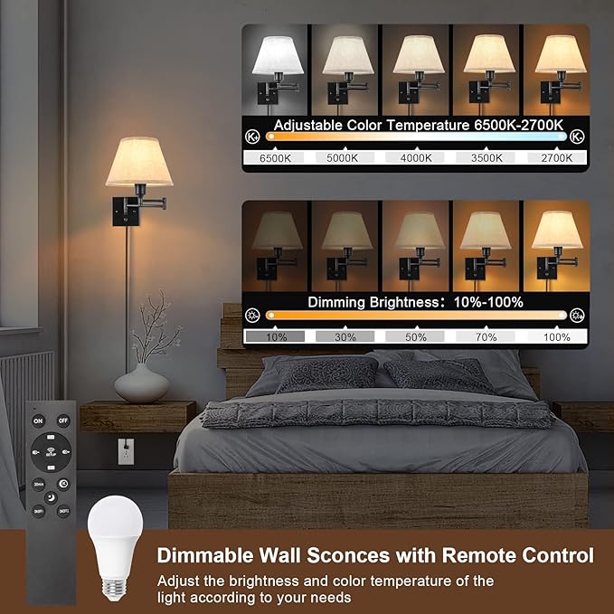 TRLIFE Wall Sconce with Remote Control, Dimming 10%-100% and Adjustable Color Temperature 2700K-6500K Swing Arm Wall Lights with Plug in Cord, 9.4" Medium Beige Fabric Shade(2 Pack, 2 Bulbs Included)