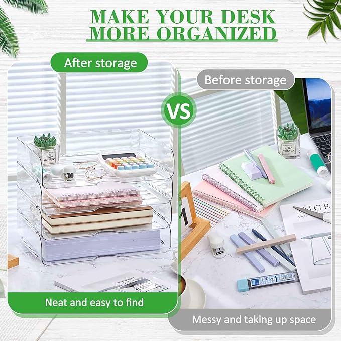 Juexica 4 Pcs Stackable Clear Letter Trays Organizer for Desk A4 Size File Paper Organizer Acrylic Desk Organizer Trays with Anti Skid Bottom for Home Office School (Horizontal Opening Style)