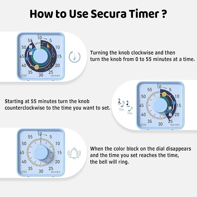 Secura 7.5-Inch Satellite Pattern Visual Timer for Kids, 60-Minute Countdown Timer for Classroom or Kitchen, Durable Mechanical Timer Clock with Magnetic Backing (Light Blue)